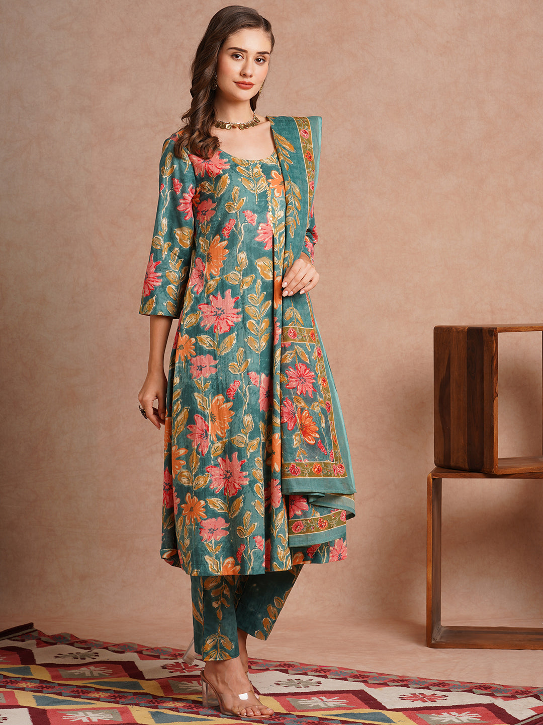 Floral Printed A-Line Kurta with Pant and Dupatta - Green