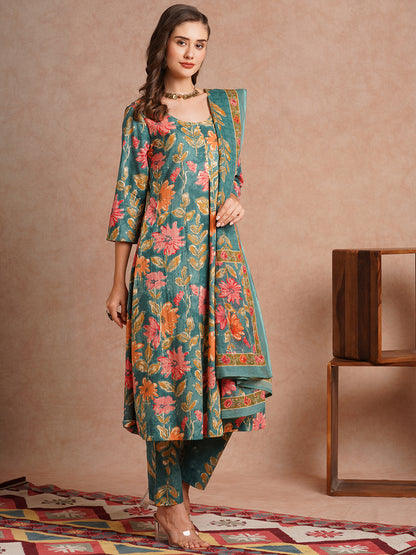 Floral Printed A-Line Kurta with Pant and Dupatta - Green