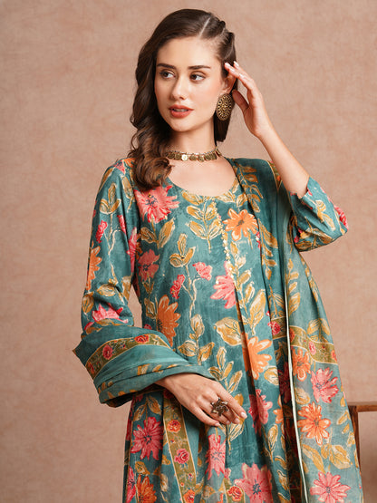 Floral Printed A-Line Kurta with Pant and Dupatta - Green