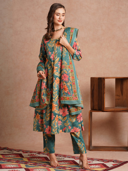 Floral Printed A-Line Kurta with Pant and Dupatta - Green