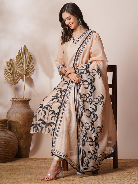 Floral Leaf Printed & Embroidered Straight Kurta with Pant & Dupatta - Beige