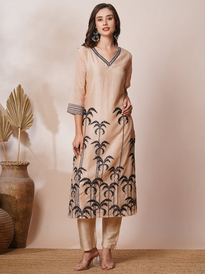 Floral Leaf Printed & Embroidered Straight Kurta with Pant & Dupatta - Beige