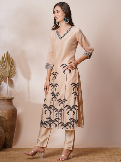 Floral Leaf Printed & Embroidered Straight Kurta with Pant & Dupatta - Beige