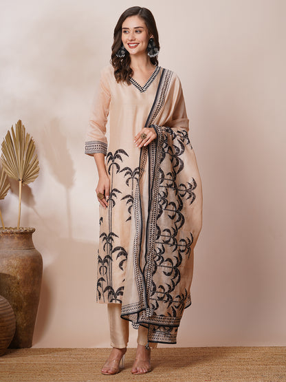 Floral Leaf Printed & Embroidered Straight Kurta with Pant & Dupatta - Beige