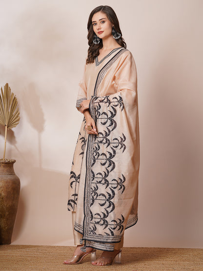Floral Leaf Printed & Embroidered Straight Kurta with Pant & Dupatta - Beige