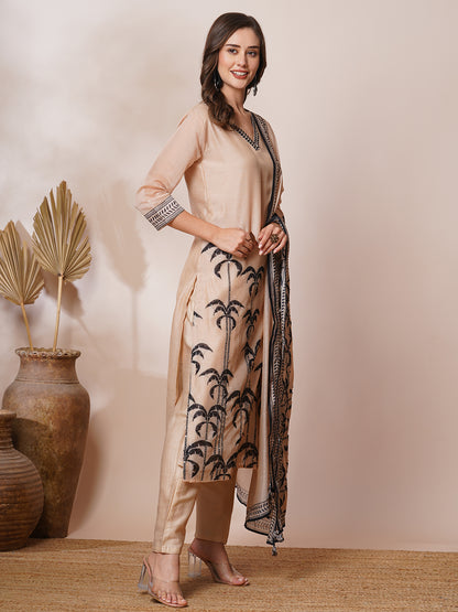 Floral Leaf Printed & Embroidered Straight Kurta with Pant & Dupatta - Beige