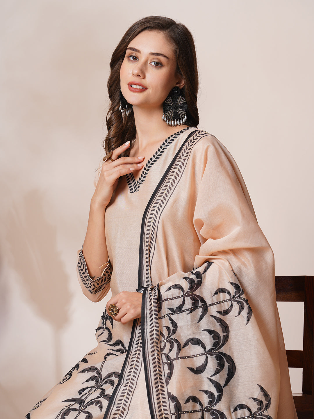 Floral Leaf Printed & Embroidered Straight Kurta with Pant & Dupatta - Beige