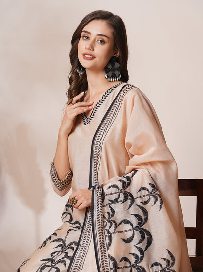 Floral Leaf Printed & Embroidered Straight Kurta with Pant & Dupatta - Beige