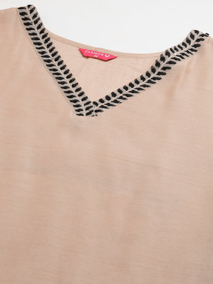 Floral Leaf Printed & Embroidered Straight Kurta with Pant & Dupatta - Beige