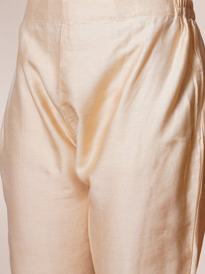 Floral Leaf Printed & Embroidered Straight Kurta with Pant & Dupatta - Beige