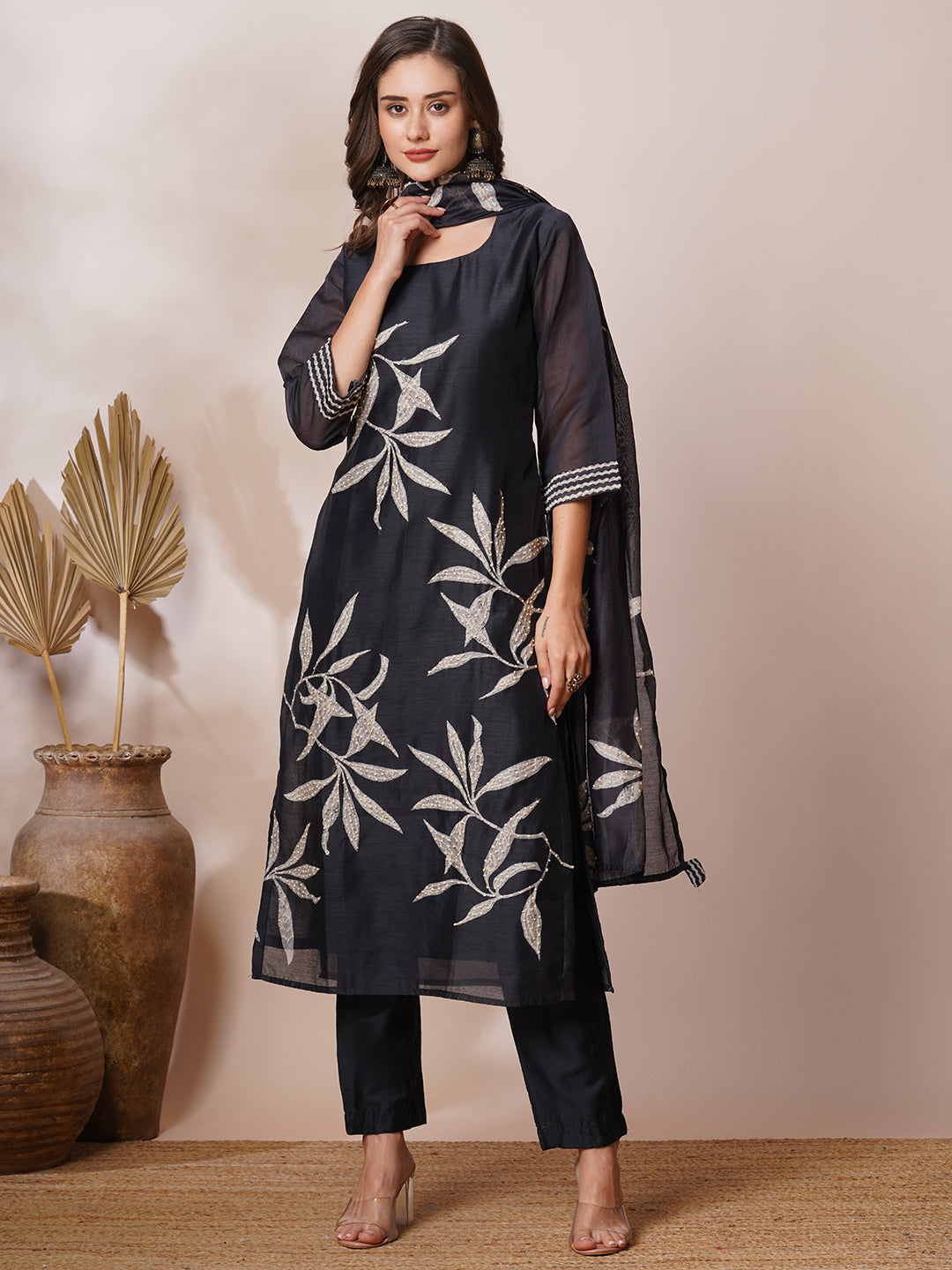 Abstract Leaf Printed & Hand Embroidered Straight Kurta with Pant & Dupatta - Black