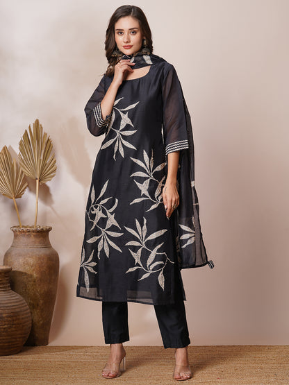 Abstract Leaf Printed & Hand Embroidered Straight Kurta with Pant & Dupatta - Black