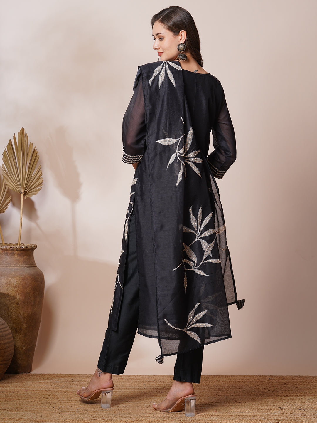 Abstract Leaf Printed & Hand Embroidered Straight Kurta with Pant & Dupatta - Black