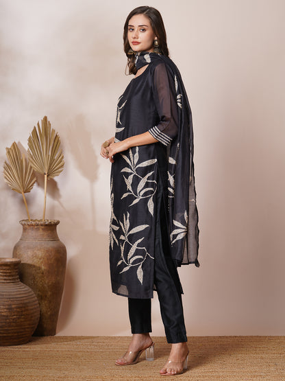 Abstract Leaf Printed & Hand Embroidered Straight Kurta with Pant & Dupatta - Black