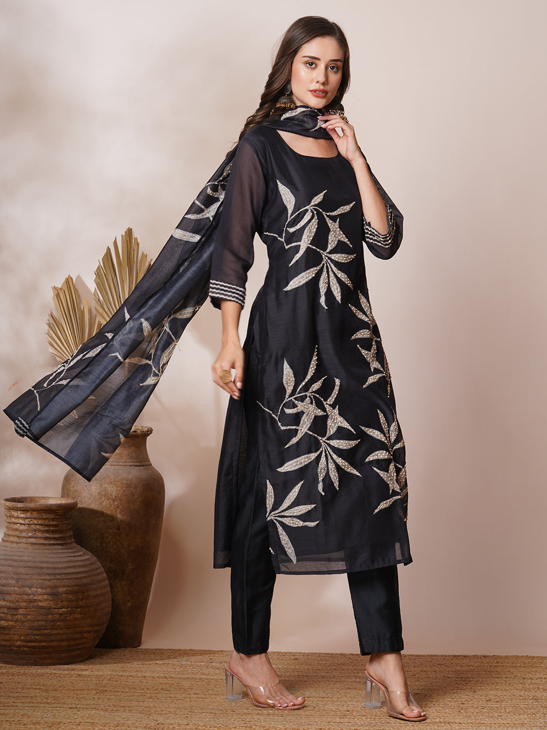 Abstract Leaf Printed & Hand Embroidered Straight Kurta with Pant & Dupatta - Black