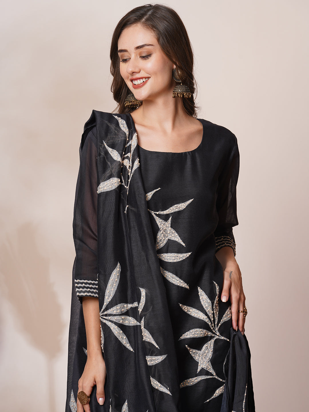 Abstract Leaf Printed & Hand Embroidered Straight Kurta with Pant & Dupatta - Black