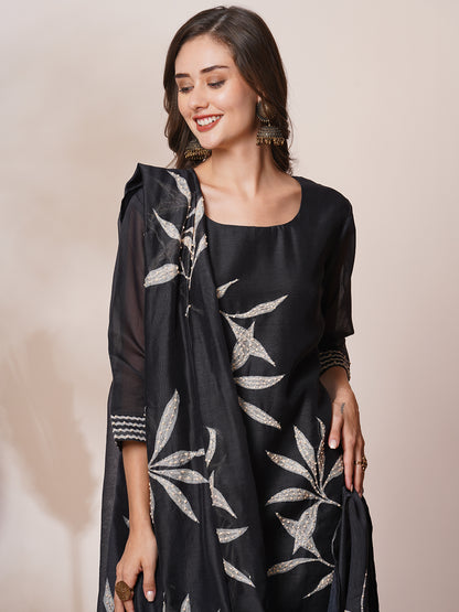 Abstract Leaf Printed & Hand Embroidered Straight Kurta with Pant & Dupatta - Black