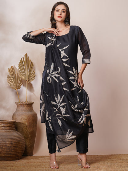 Abstract Leaf Printed & Hand Embroidered Straight Kurta with Pant & Dupatta - Black