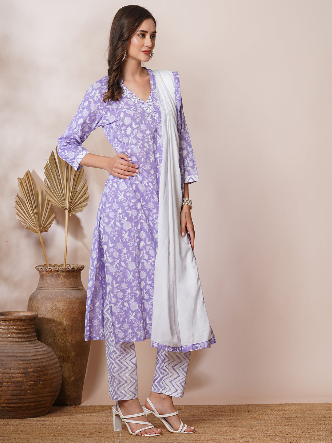 Ethnic Floral Printed & Embroidered Straight Fit Kurta with Pant and Dupatta - Lavender