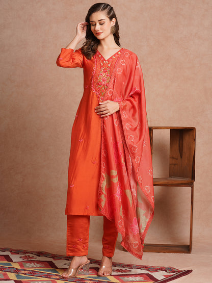 Solid Floral Hand Embroidered Straight Fit Kurta with Pant and Floral Printed Dupatta - Rust