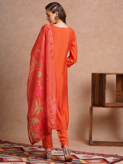 Solid Floral Hand Embroidered Straight Fit Kurta with Pant and Floral Printed Dupatta - Rust