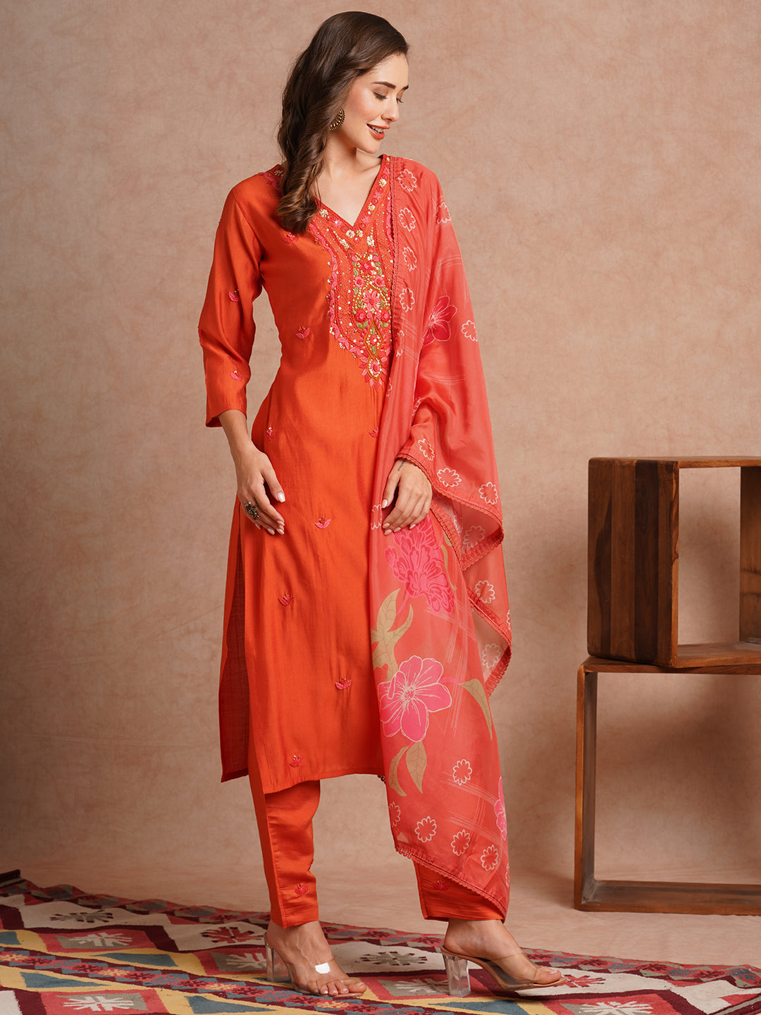 Solid Floral Hand Embroidered Straight Fit Kurta with Pant and Floral Printed Dupatta - Rust