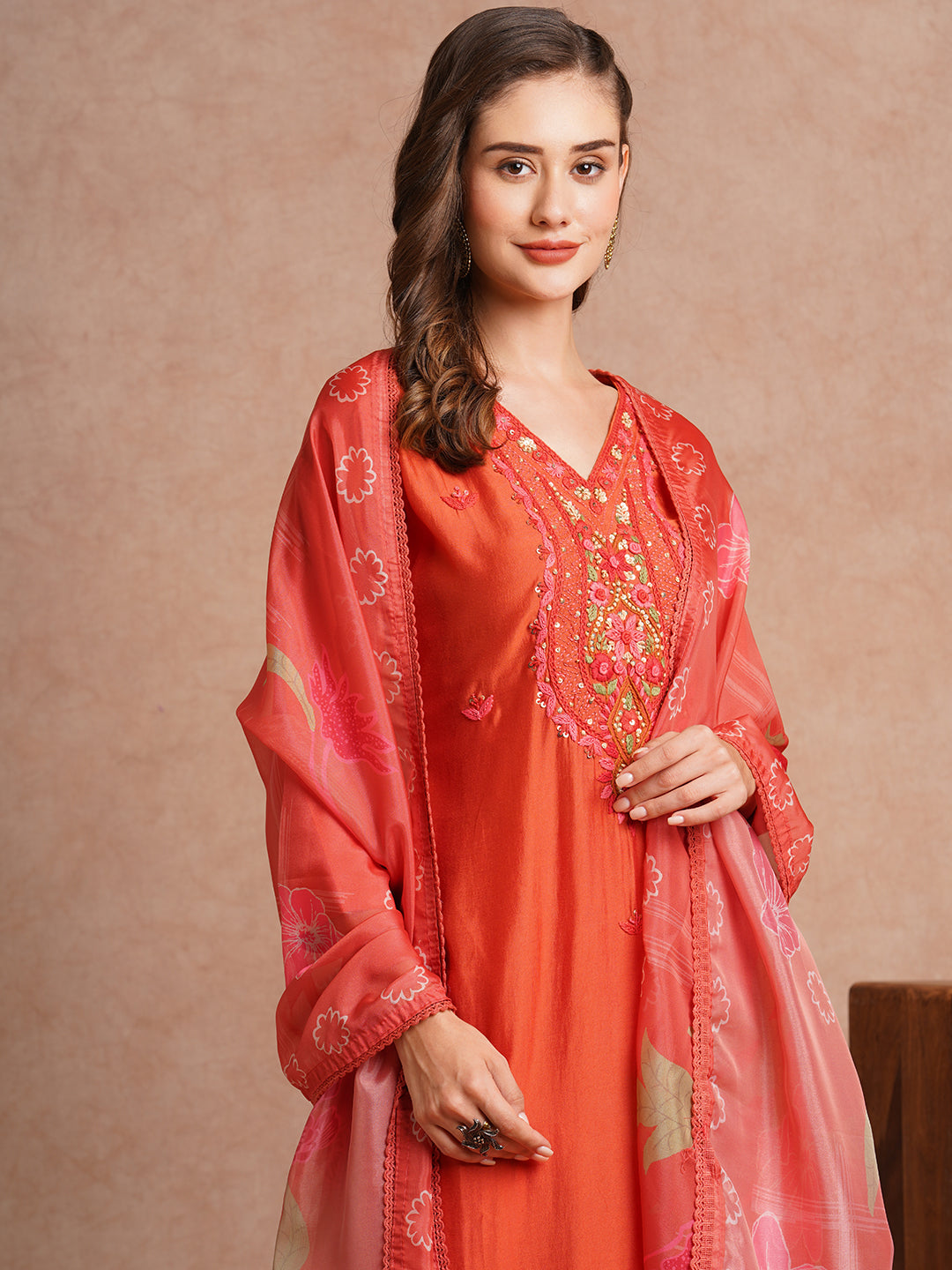 Solid Floral Hand Embroidered Straight Fit Kurta with Pant and Floral Printed Dupatta - Rust