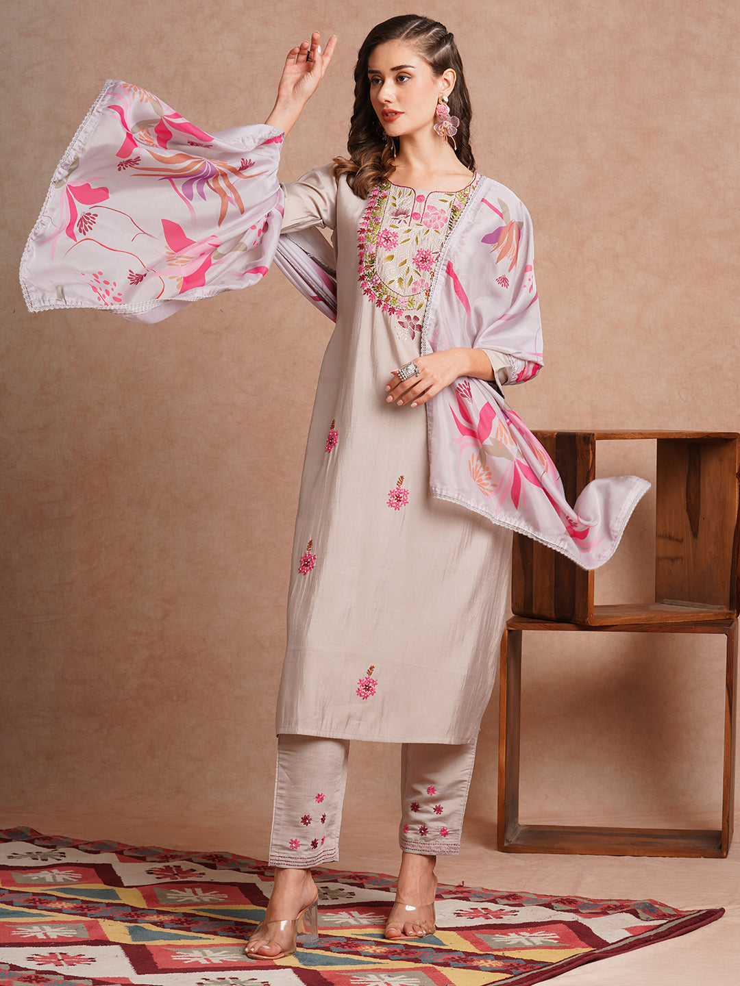 Solid Floral Hand Embroidered Straight Fit Kurta with Pant & Dupatta - Grey