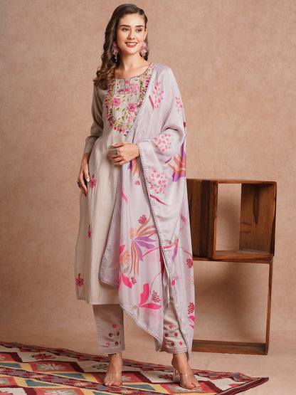 Solid Floral Hand Embroidered Straight Fit Kurta with Pant & Dupatta - Grey