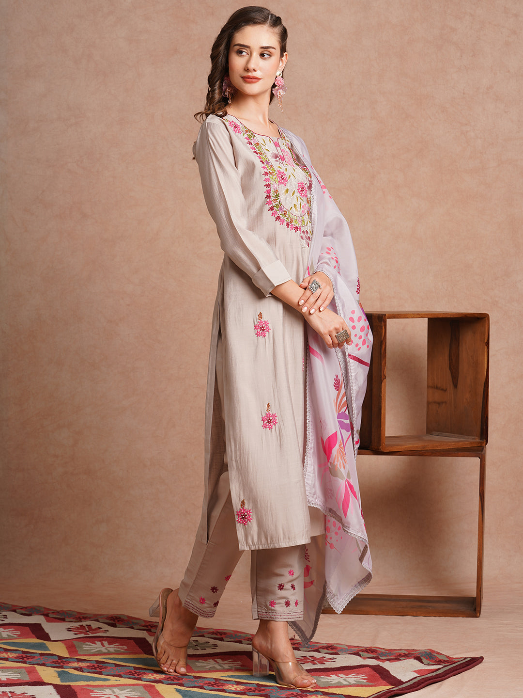 Solid Floral Hand Embroidered Straight Fit Kurta with Pant & Dupatta - Grey