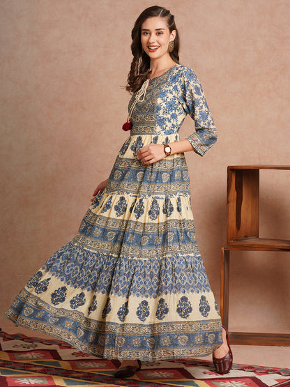 Ethnic Floral Printed & Embroidered A-Line Tiered Flared maxi Dress - Blue