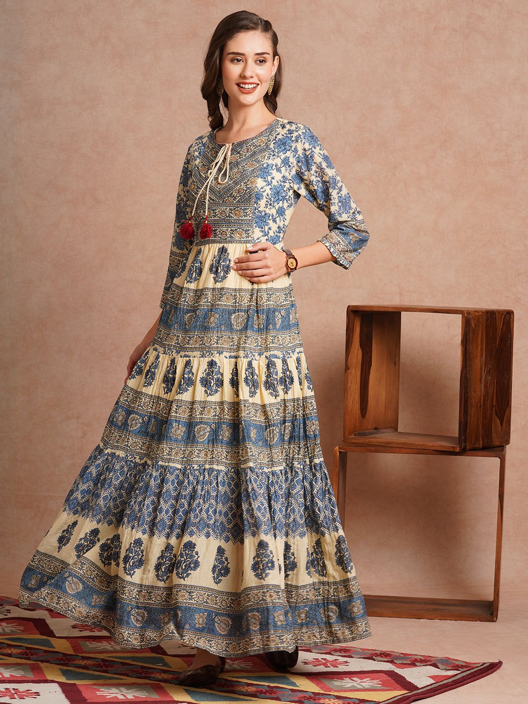 Ethnic Floral Printed & Embroidered A-Line Tiered Flared maxi Dress - Blue