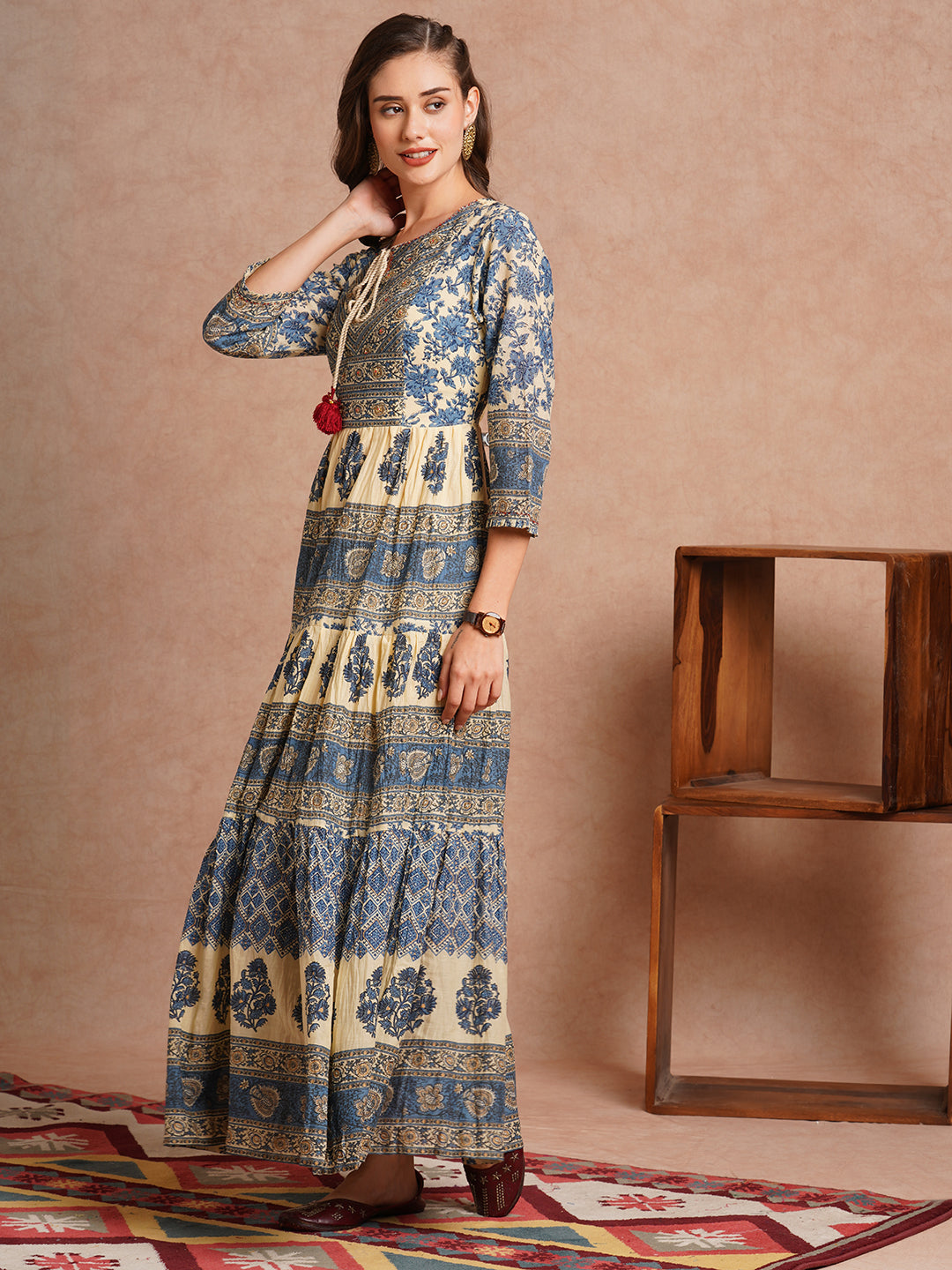 Ethnic Floral Printed & Embroidered A-Line Tiered Flared maxi Dress - Blue