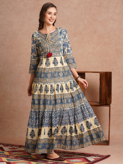 Ethnic Floral Printed & Embroidered A-Line Tiered Flared maxi Dress - Blue