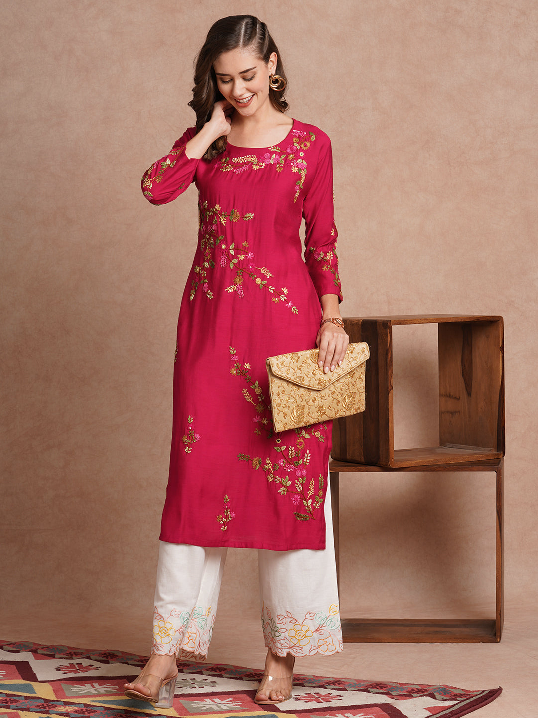 Floral Hand Embroidered Straight Fit Kurta - Pink