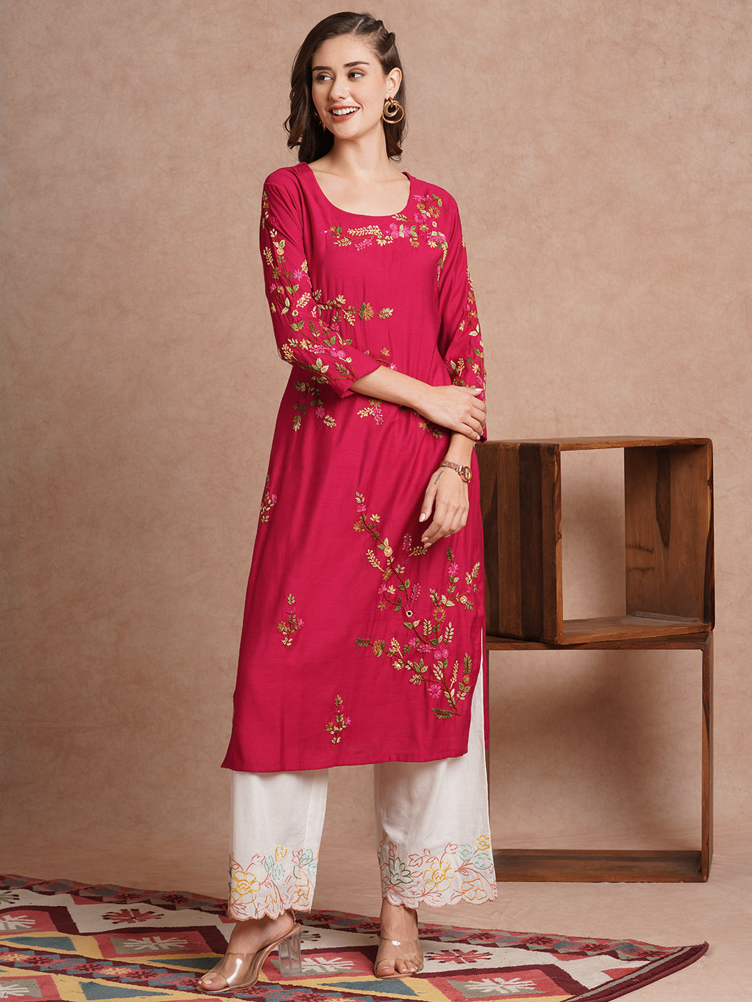 Floral Hand Embroidered Straight Fit Kurta - Pink