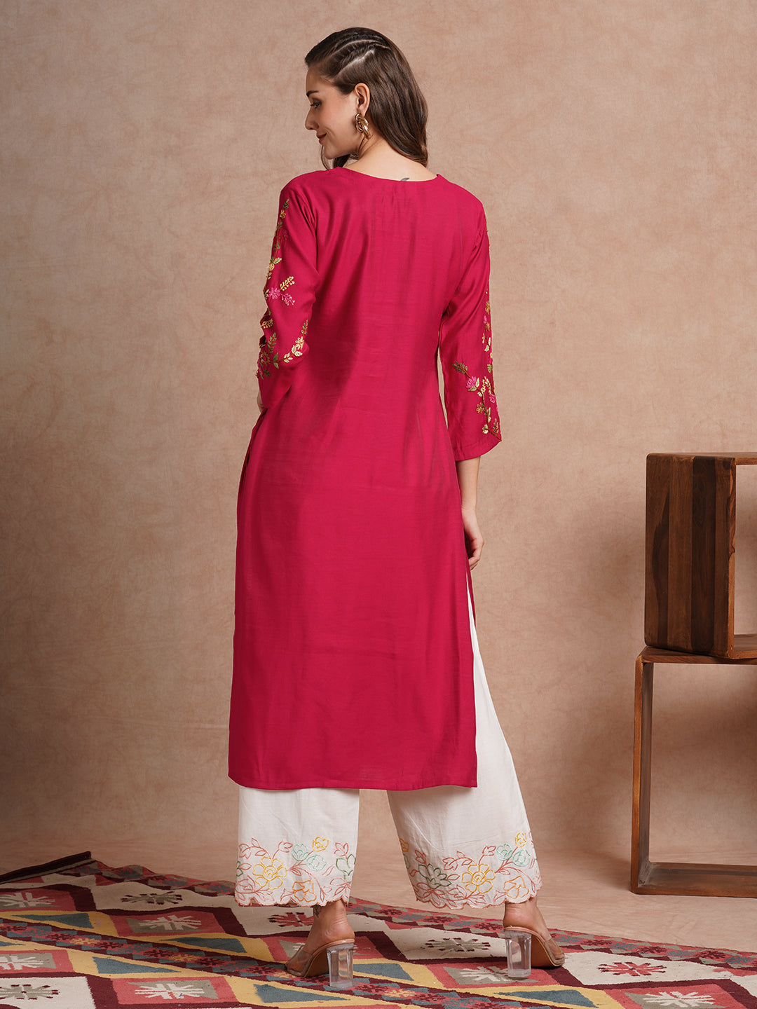 Floral Hand Embroidered Straight Fit Kurta - Pink
