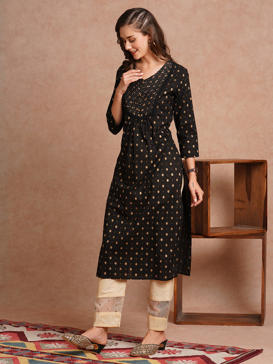 Ethnic Foil Printed Straight Fit Kurta - Black