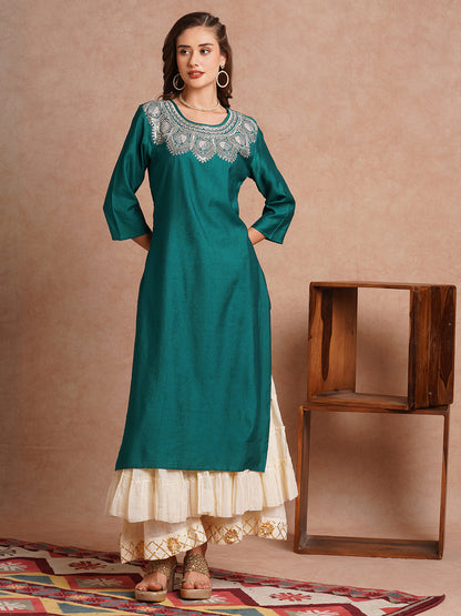 Ethnic Zari & Sequin Embroidered Straight Fit Kurta - Sea Green