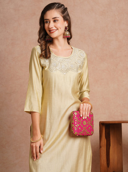 Ethnic Zari & Sequin Embroidered Straight Fit Kurta - Cream