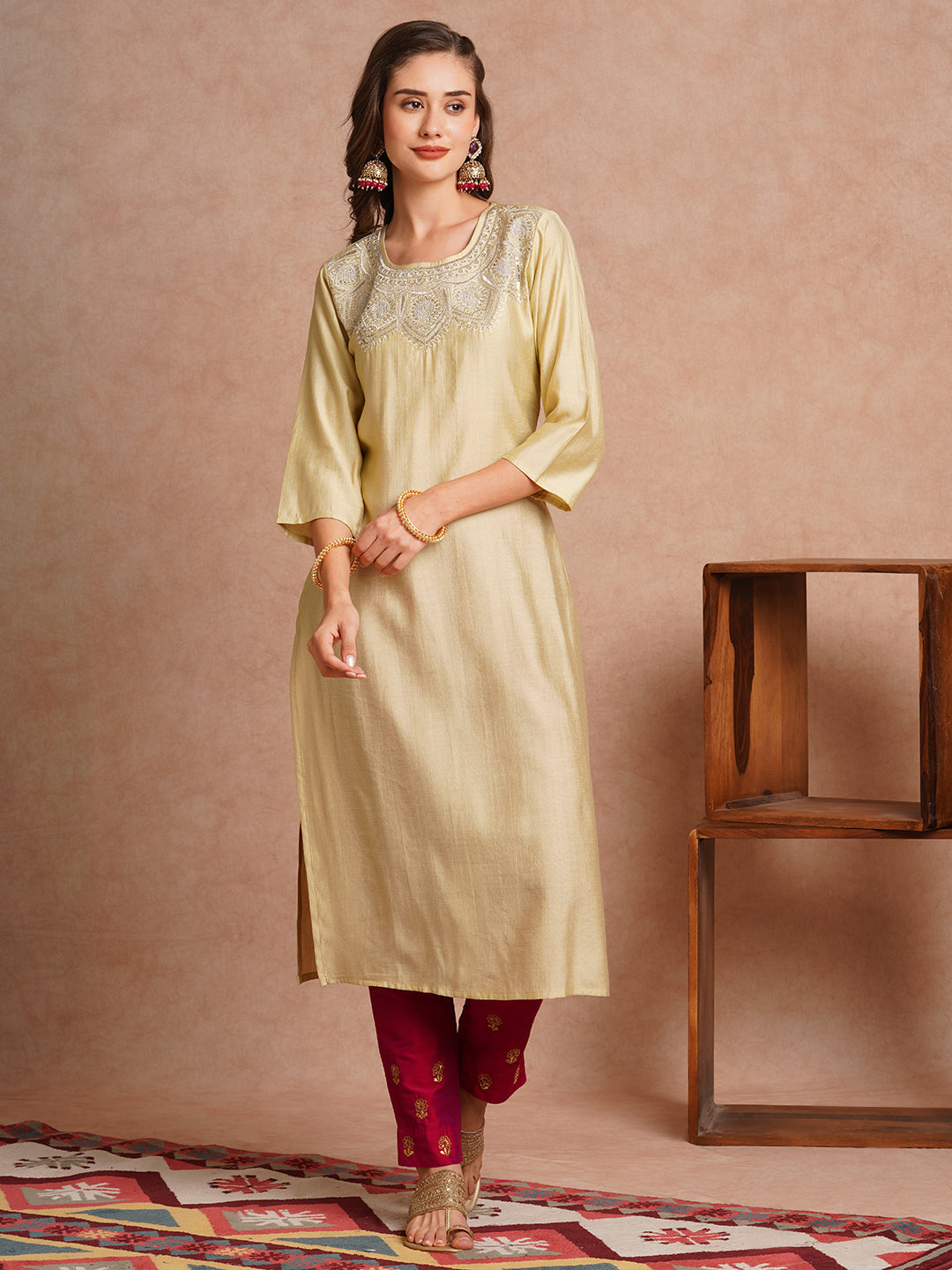 Ethnic Zari & Sequin Embroidered Straight Fit Kurta - Cream