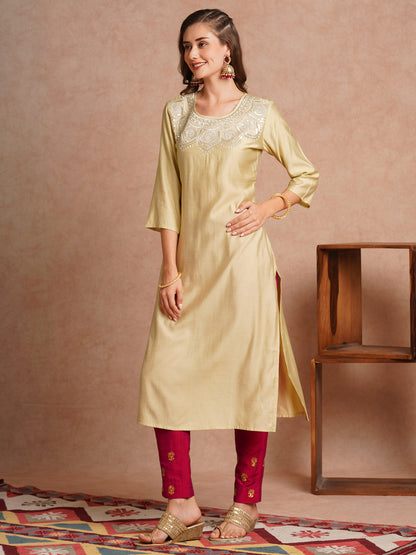 Ethnic Zari & Sequin Embroidered Straight Fit Kurta - Cream