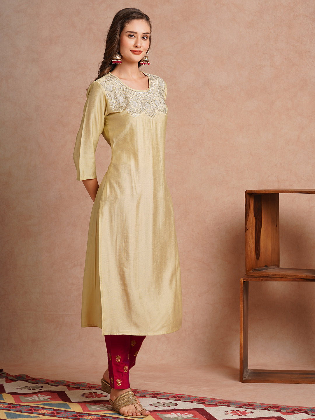 Ethnic Zari & Sequin Embroidered Straight Fit Kurta - Cream