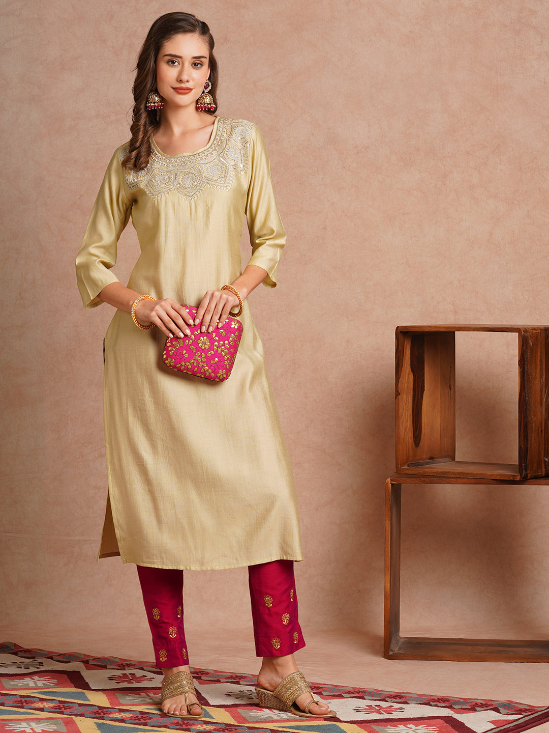 Ethnic Zari & Sequin Embroidered Straight Fit Kurta - Cream