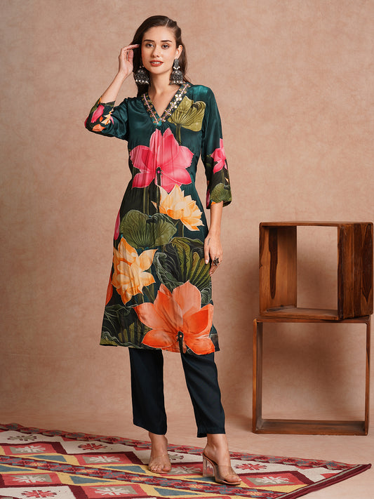 Abstract Floral Printed & Embroidered Straight Fit Kurta with Pant - Green