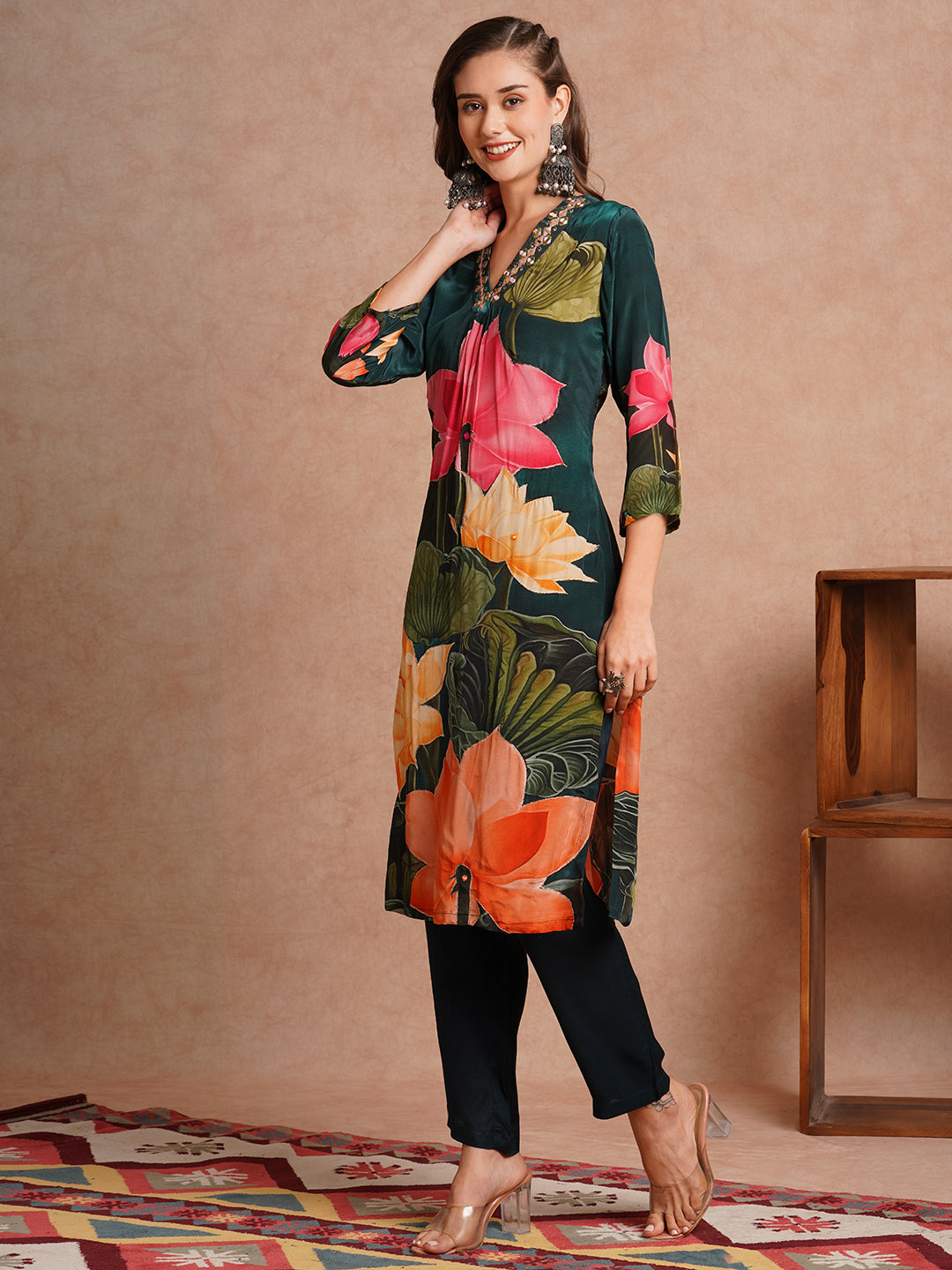 Abstract Floral Printed & Embroidered Straight Fit Kurta with Pant - Green