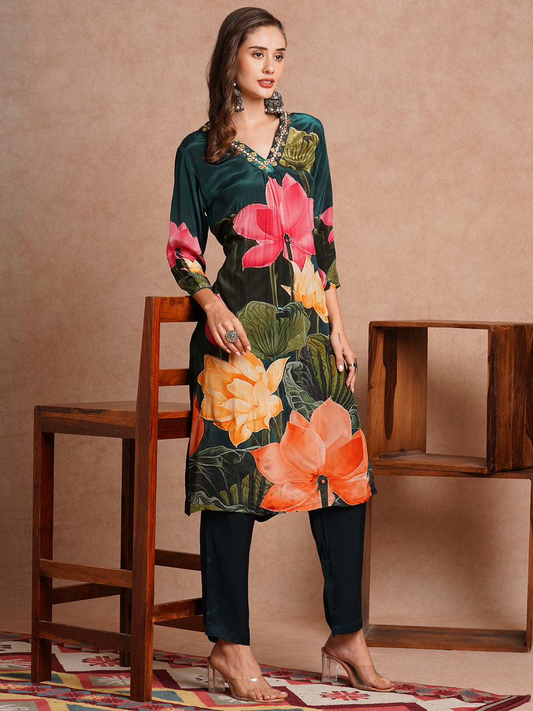 Abstract Floral Printed & Embroidered Straight Fit Kurta with Pant - Green