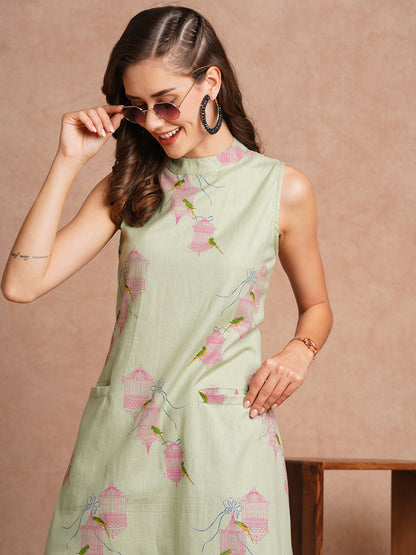 Floral Parrot and Cage Printed A-Line Fit Co-ord Set - Mint Green