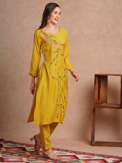 Solid Floral Hand Embroidered Straight Fit Co-ord Set - Mustard