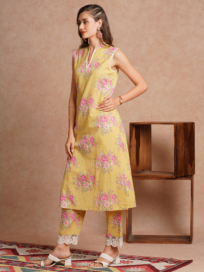 Floral Foil Printed & Hand Embroidered A-Line Co-ord Set - Yellow